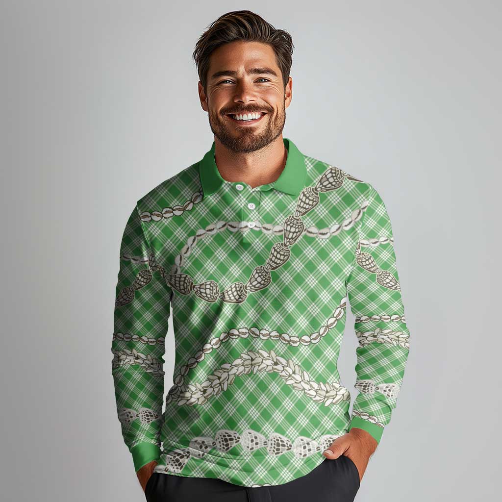 Green Aloha Hawaii Shell Lei Long Sleeve Polo Shirt Palaka Hebrew Cone Honey Cowrie Elegant Curves - Polynesian Pride