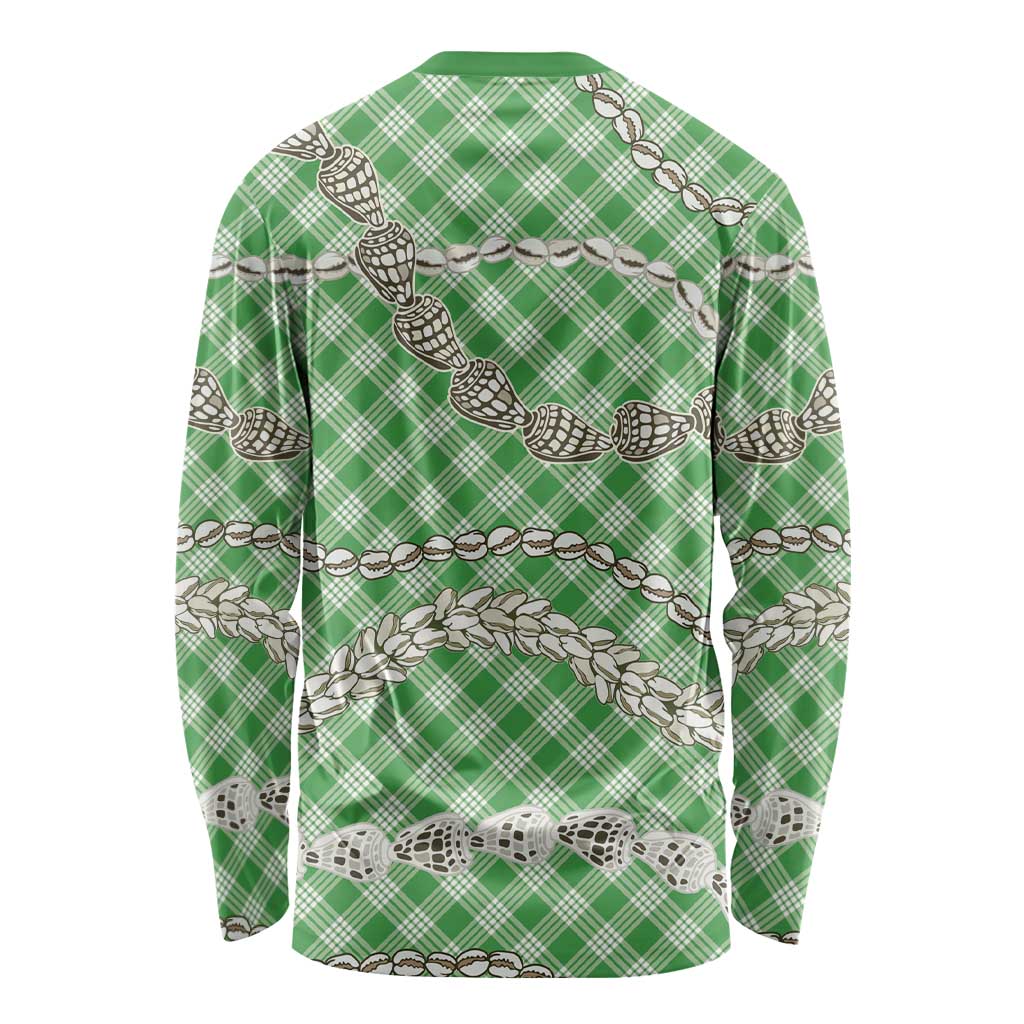 Green Aloha Hawaii Shell Lei Long Sleeve Shirt Palaka Hebrew Cone Honey Cowrie Elegant Curves - Polynesian Pride