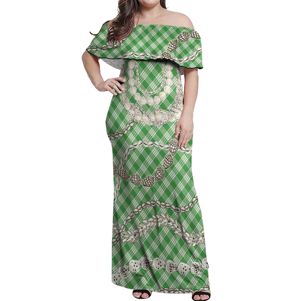 Green Aloha Hawaii Shell Lei Off Shoulder Maxi Dress Palaka Hebrew Cone Honey Cowrie Elegant Curves - Polynesian Pride