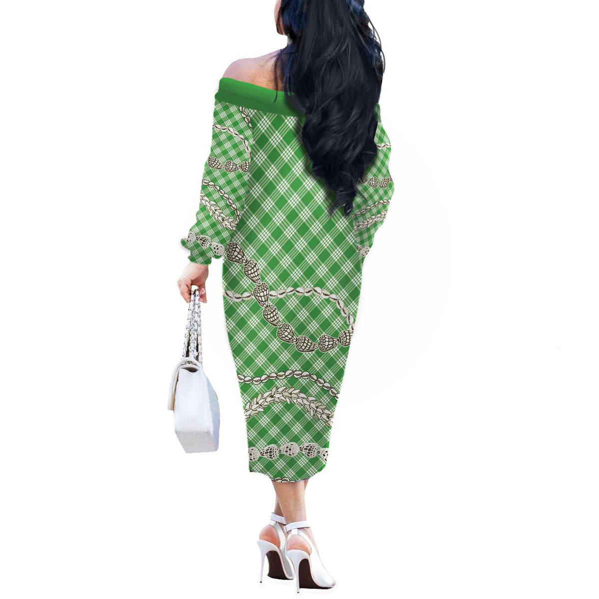Green Aloha Hawaii Shell Lei Off The Shoulder Long Sleeve Dress Palaka Hebrew Cone Honey Cowrie Elegant Curves - Polynesian Pride