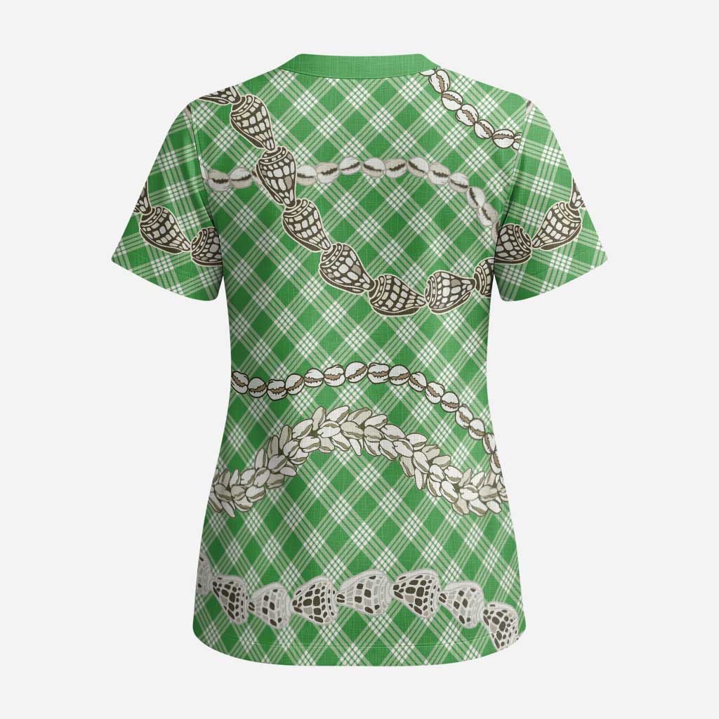 Green Aloha Hawaii Shell Lei Scrub Top Palaka Hebrew Cone Honey Cowrie Elegant Curves - Polynesian Pride