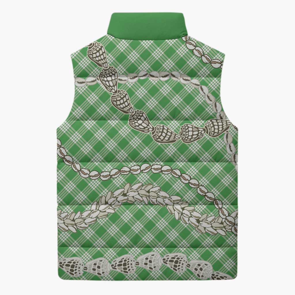 Green Aloha Hawaii Shell Lei Sleeveless Puffer Jacket Palaka Hebrew Cone Honey Cowrie Elegant Curves - Polynesian Pride