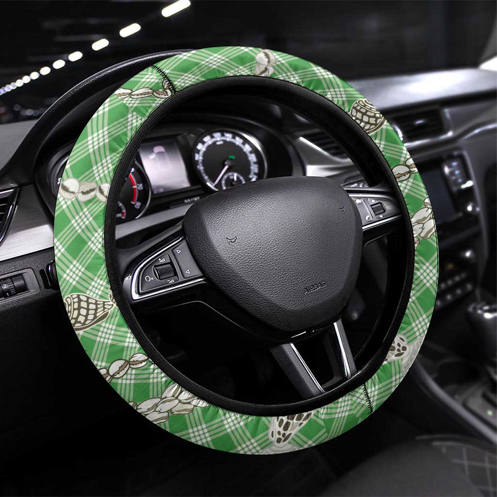 Green Aloha Hawaii Shell Lei Steering Wheel Cover Palaka Hebrew Cone Honey Cowrie Elegant Curves - Polynesian Pride