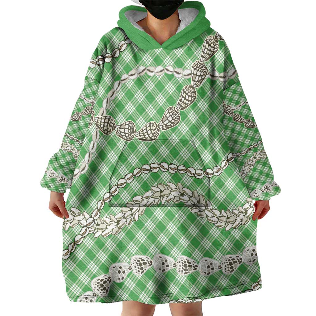 Green Aloha Hawaii Shell Lei Wearable Blanket Hoodie Palaka Hebrew Cone Honey Cowrie Elegant Curves - Polynesian Pride