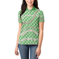 Green Aloha Hawaii Shell Lei Women Polo Shirt Palaka Hebrew Cone Honey Cowrie Elegant Curves - Polynesian Pride