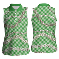 Green Aloha Hawaii Shell Lei Women Sleeveless Polo Shirt Palaka Hebrew Cone Honey Cowrie Elegant Curves - Polynesian Pride