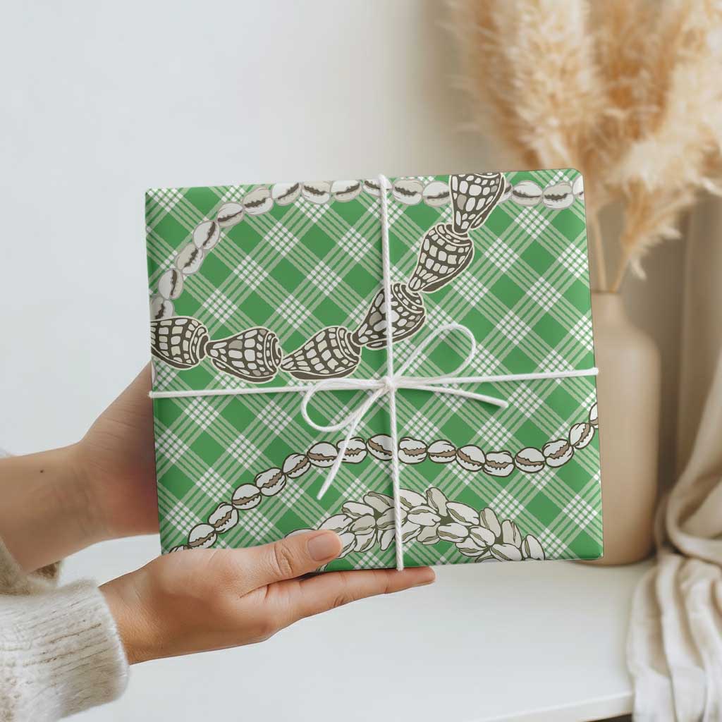 Green Aloha Hawaii Shell Lei Wrapping Paper Palaka Hebrew Cone Honey Cowrie Elegant Curves - Polynesian Pride