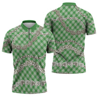 Green Aloha Hawaii Shell Lei Zipper Polo Shirt Palaka Hebrew Cone Honey Cowrie Elegant Curves - Polynesian Pride