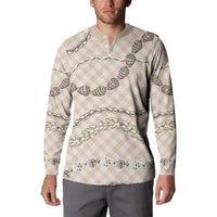 Beige Aloha Hawaii Shell Lei Button Sweatshirt Palaka Hebrew Cone Honey Cowrie Elegant Curves - Polynesian Pride