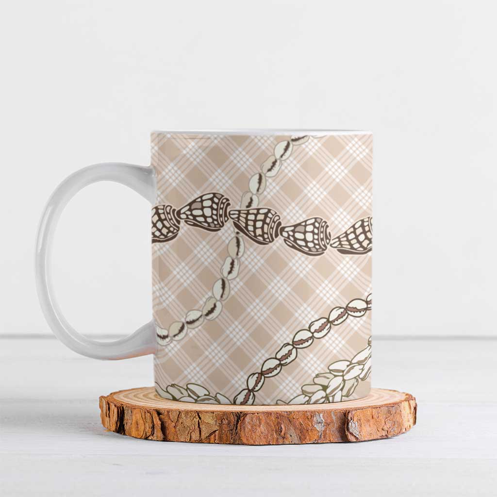Beige Aloha Hawaii Shell Lei Ceramic Mug Palaka Hebrew Cone Honey Cowrie Elegant Curves - Polynesian Pride