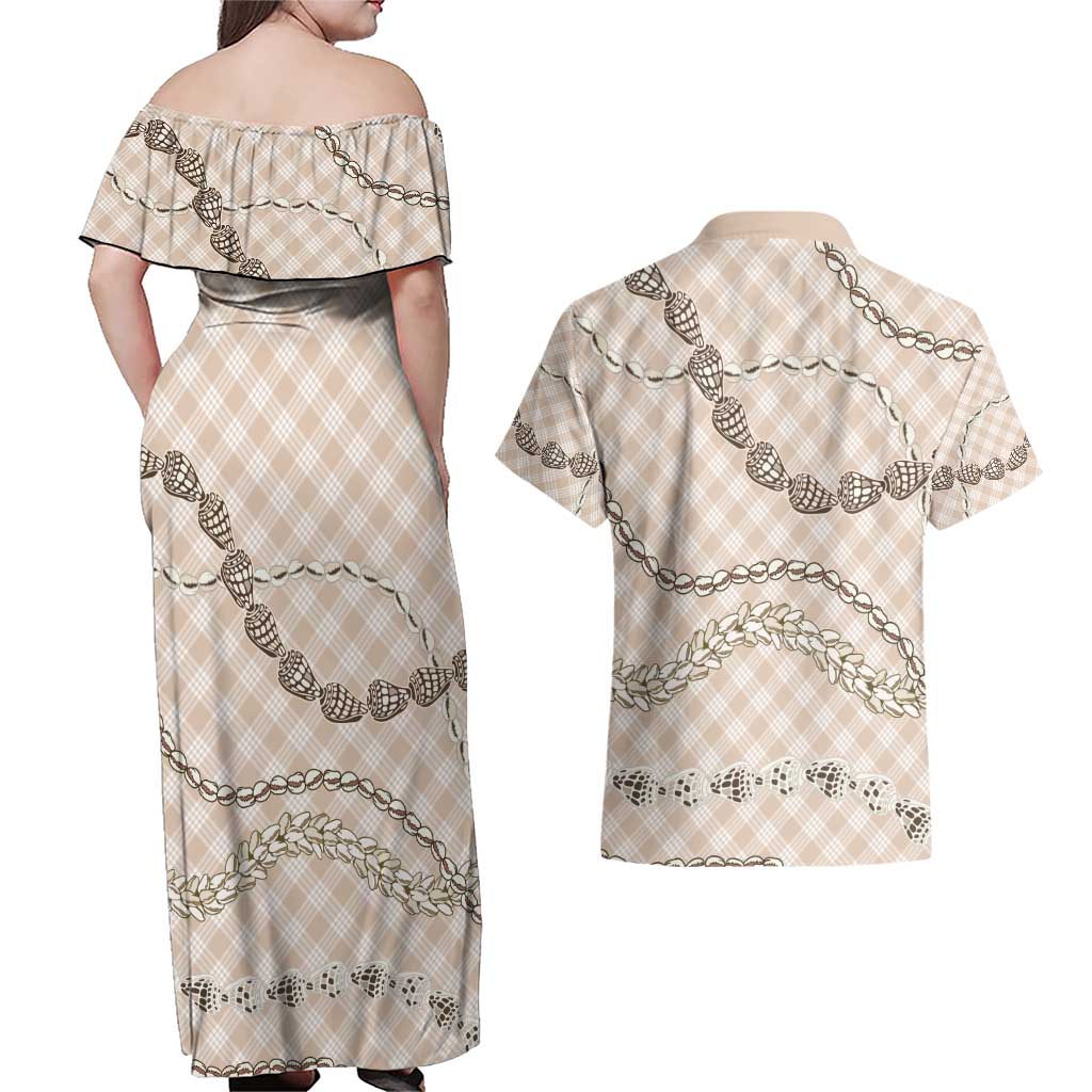 Beige Aloha Hawaii Shell Lei Couples Matching Off Shoulder Maxi Dress and Hawaiian Shirt Palaka Hebrew Cone Honey Cowrie Elegant Curves - Polynesian Pride