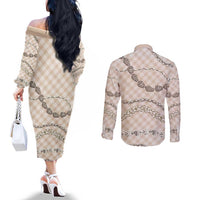 Beige Aloha Hawaii Shell Lei Couples Matching Off The Shoulder Long Sleeve Dress and Long Sleeve Button Shirt Palaka Hebrew Cone Honey Cowrie Elegant Curves - Polynesian Pride