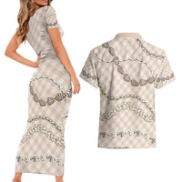 Beige Aloha Hawaii Shell Lei Couples Matching Short Sleeve Bodycon Dress and Hawaiian Shirt Palaka Hebrew Cone Honey Cowrie Elegant Curves - Polynesian Pride