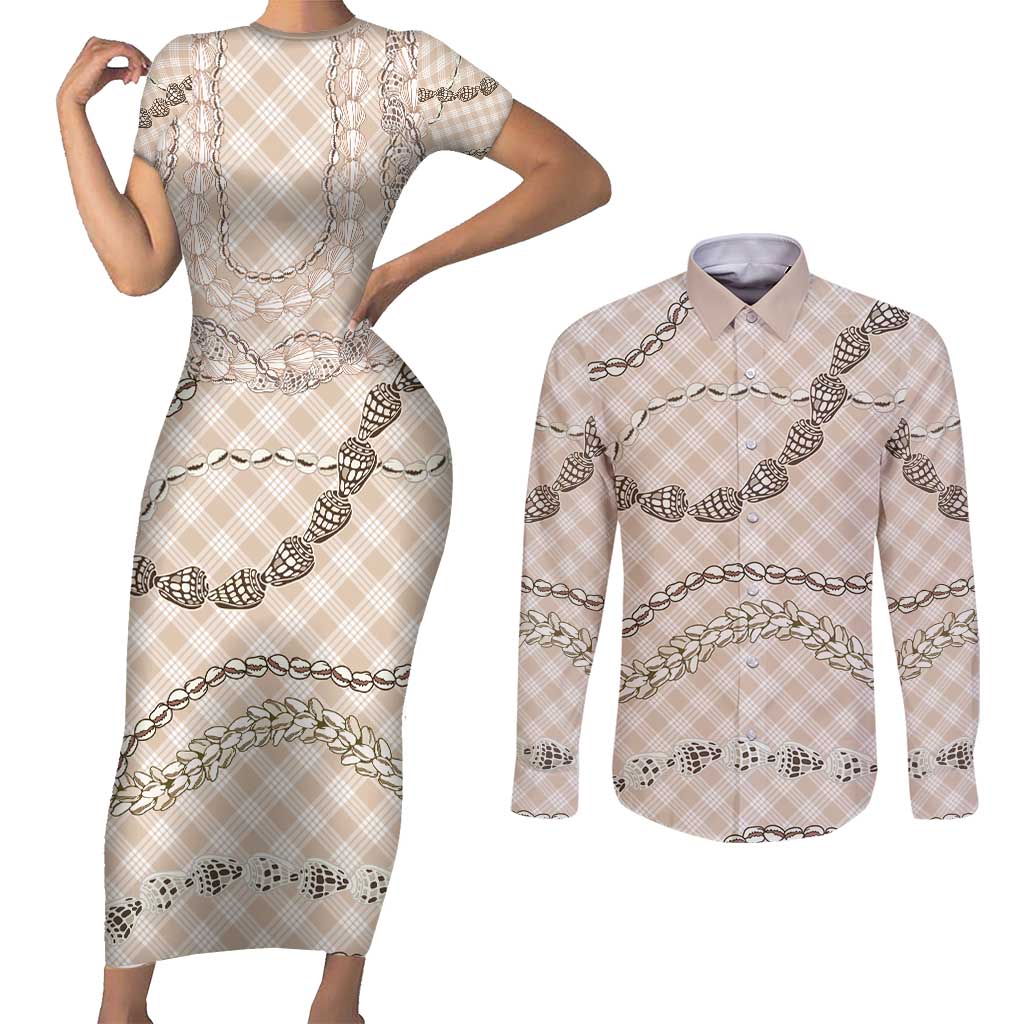 Beige Aloha Hawaii Shell Lei Couples Matching Short Sleeve Bodycon Dress and Long Sleeve Button Shirt Palaka Hebrew Cone Honey Cowrie Elegant Curves - Polynesian Pride