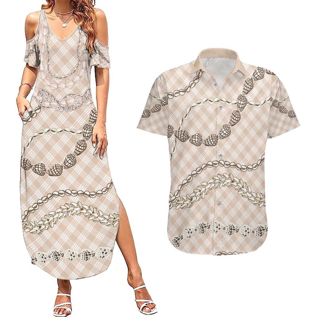 Beige Aloha Hawaii Shell Lei Couples Matching Summer Maxi Dress and Hawaiian Shirt Palaka Hebrew Cone Honey Cowrie Elegant Curves - Polynesian Pride