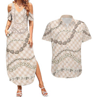 Beige Aloha Hawaii Shell Lei Couples Matching Summer Maxi Dress and Hawaiian Shirt Palaka Hebrew Cone Honey Cowrie Elegant Curves - Polynesian Pride