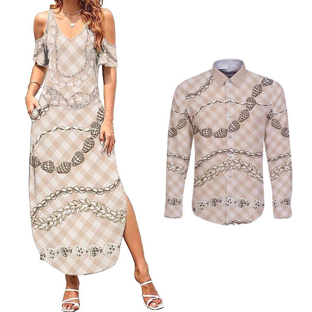 Beige Aloha Hawaii Shell Lei Couples Matching Summer Maxi Dress and Long Sleeve Button Shirt Palaka Hebrew Cone Honey Cowrie Elegant Curves - Polynesian Pride