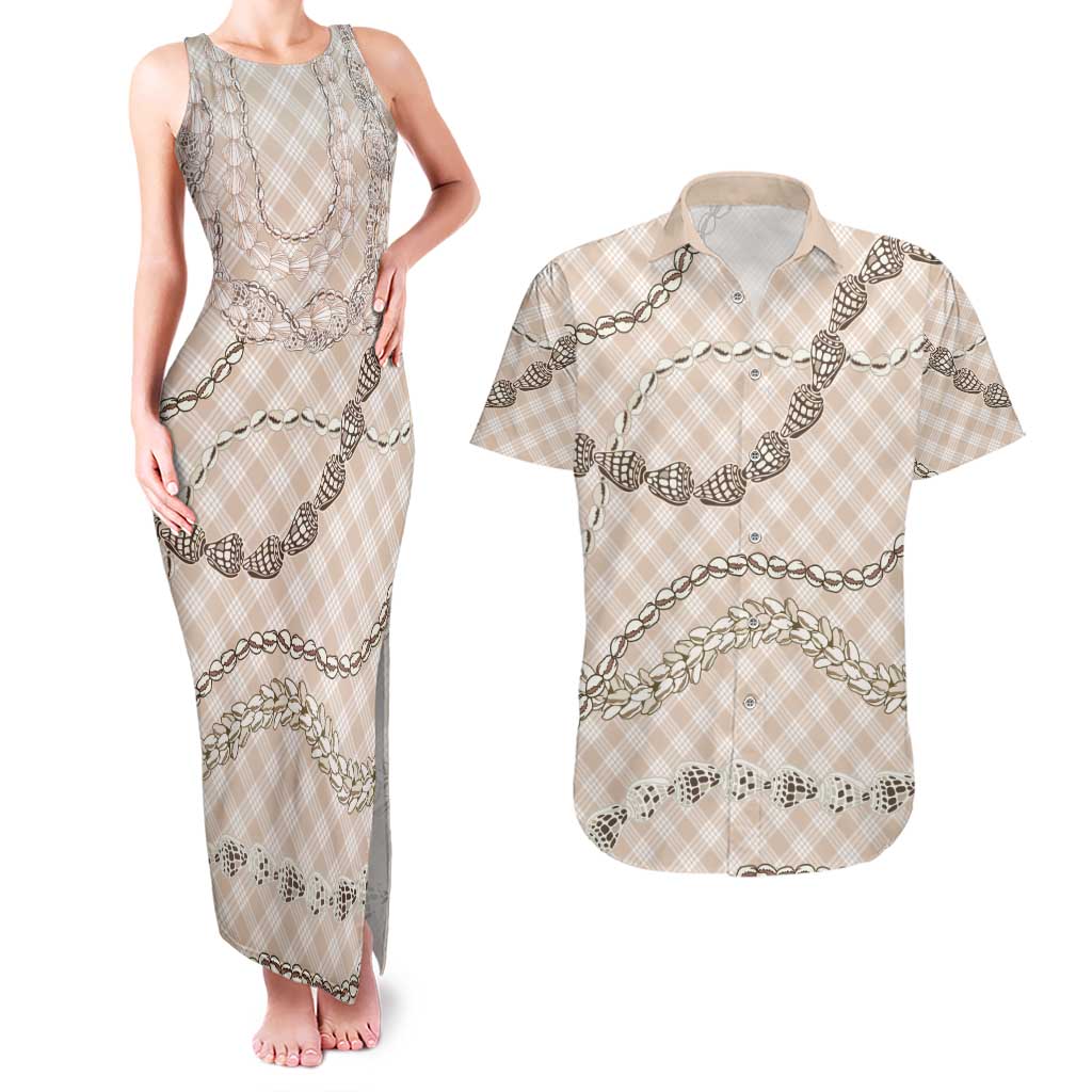 Beige Aloha Hawaii Shell Lei Couples Matching Tank Maxi Dress and Hawaiian Shirt Palaka Hebrew Cone Honey Cowrie Elegant Curves - Polynesian Pride