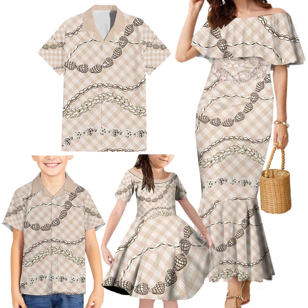 Beige Aloha Hawaii Shell Lei Family Matching Mermaid Dress and Hawaiian Shirt Palaka Hebrew Cone Honey Cowrie Elegant Curves - Polynesian Pride