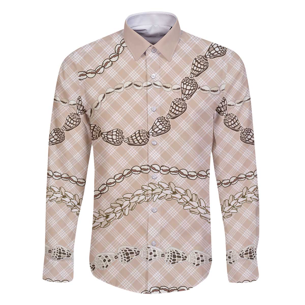 Beige Aloha Hawaii Shell Lei Family Matching Off The Shoulder Long Sleeve Dress and Hawaiian Shirt Palaka Hebrew Cone Honey Cowrie Elegant Curves - Polynesian Pride