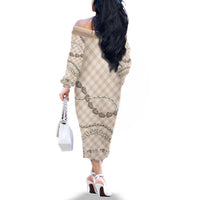 Beige Aloha Hawaii Shell Lei Family Matching Off The Shoulder Long Sleeve Dress and Hawaiian Shirt Palaka Hebrew Cone Honey Cowrie Elegant Curves - Polynesian Pride