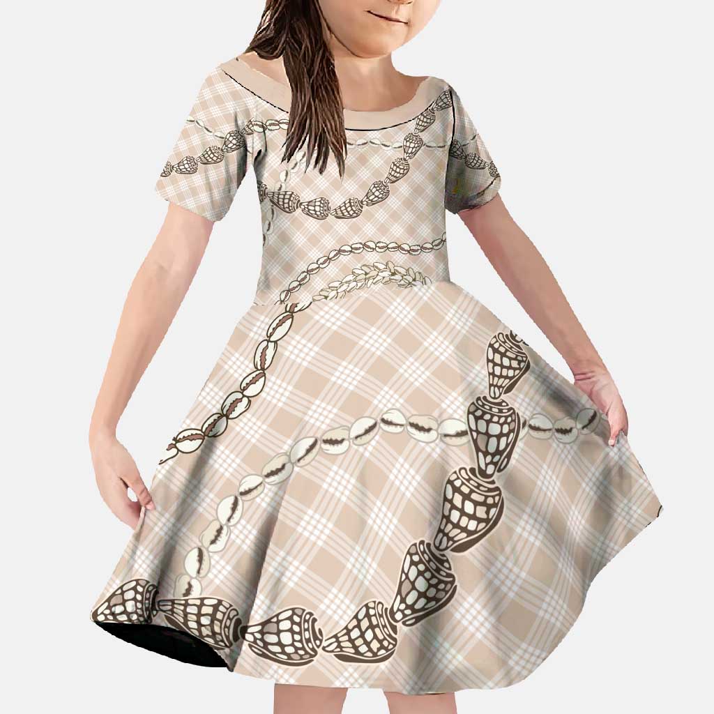 Beige Aloha Hawaii Shell Lei Family Matching Off Shoulder Maxi Dress and Hawaiian Shirt Palaka Hebrew Cone Honey Cowrie Elegant Curves - Polynesian Pride