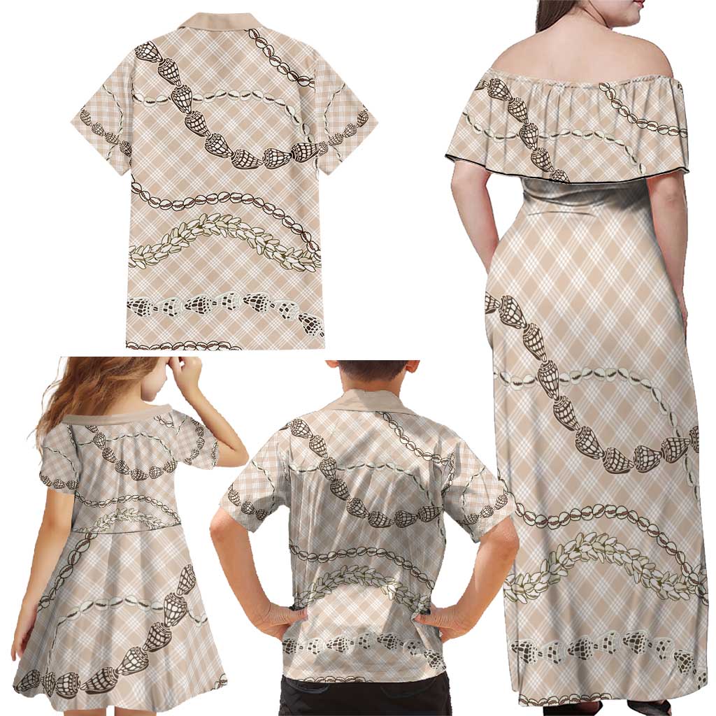 Beige Aloha Hawaii Shell Lei Family Matching Off Shoulder Maxi Dress and Hawaiian Shirt Palaka Hebrew Cone Honey Cowrie Elegant Curves - Polynesian Pride