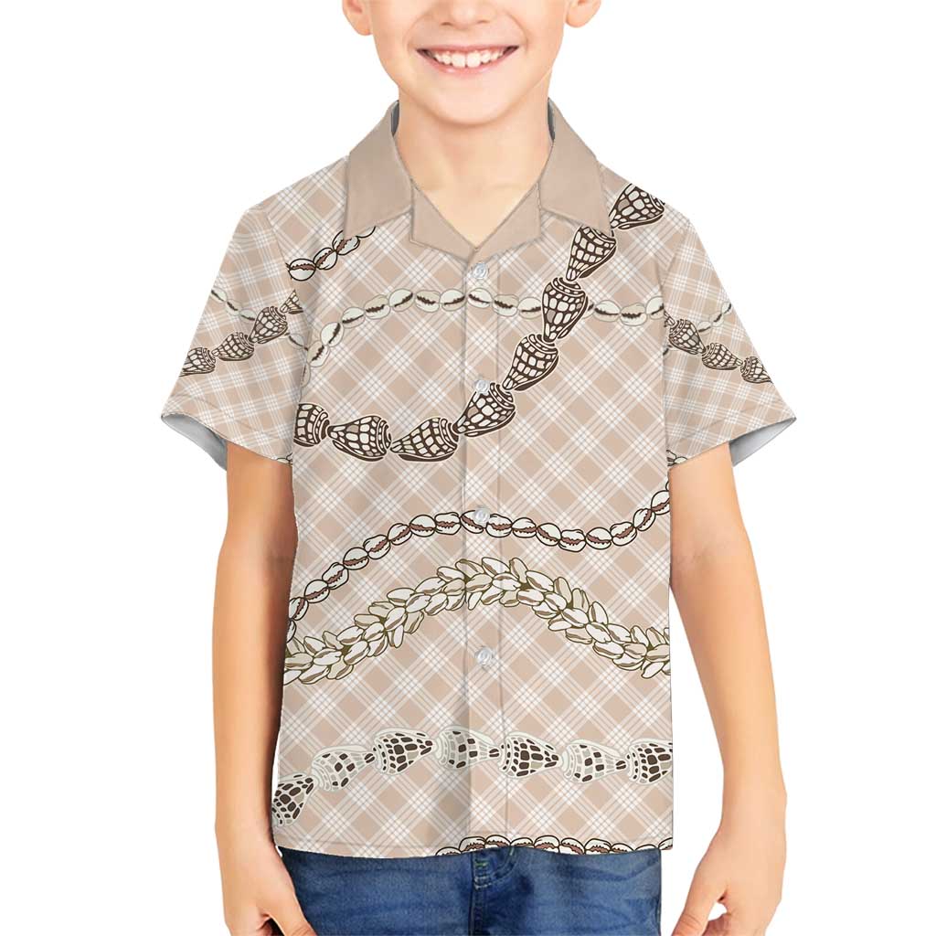 Beige Aloha Hawaii Shell Lei Family Matching Off Shoulder Short Dress and Hawaiian Shirt Palaka Hebrew Cone Honey Cowrie Elegant Curves - Polynesian Pride