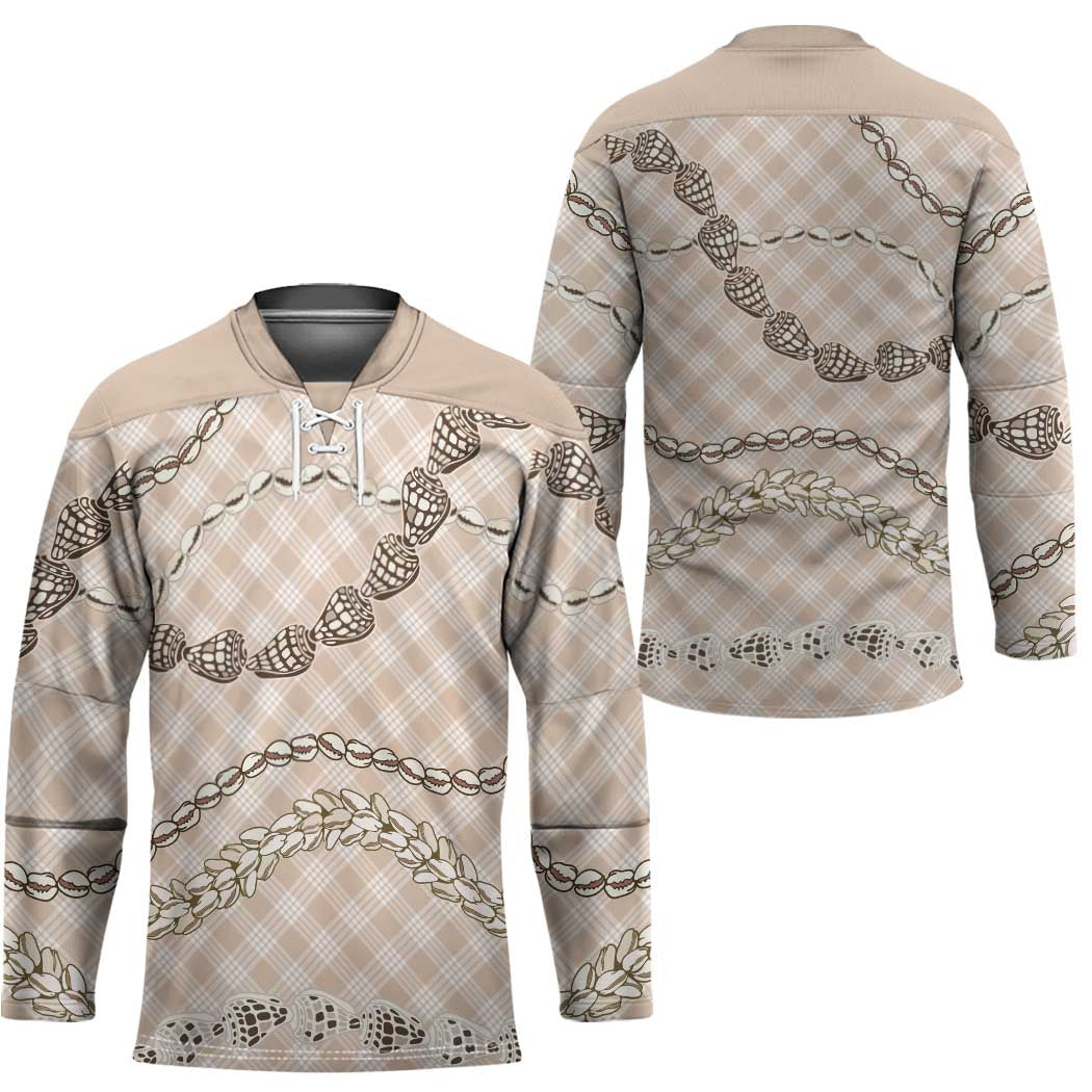 Beige Aloha Hawaii Shell Lei Hockey Jersey Palaka Hebrew Cone Honey Cowrie Elegant Curves - Polynesian Pride