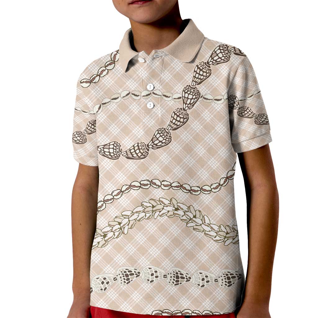 Beige Aloha Hawaii Shell Lei Kid Polo Shirt Palaka Hebrew Cone Honey Cowrie Elegant Curves - Polynesian Pride