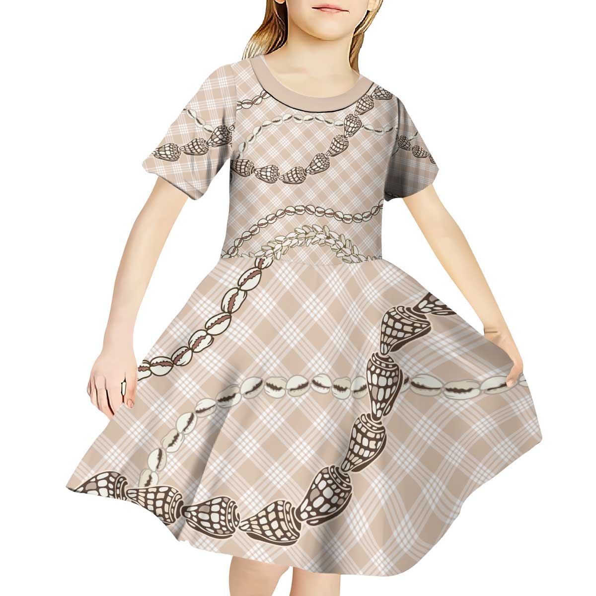 Beige Aloha Hawaii Shell Lei Kid Short Sleeve Dress Palaka Hebrew Cone Honey Cowrie Elegant Curves - Polynesian Pride