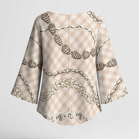 Beige Aloha Hawaii Shell Lei Kimono Sleeve Blouse Palaka Hebrew Cone Honey Cowrie Elegant Curves - Polynesian Pride