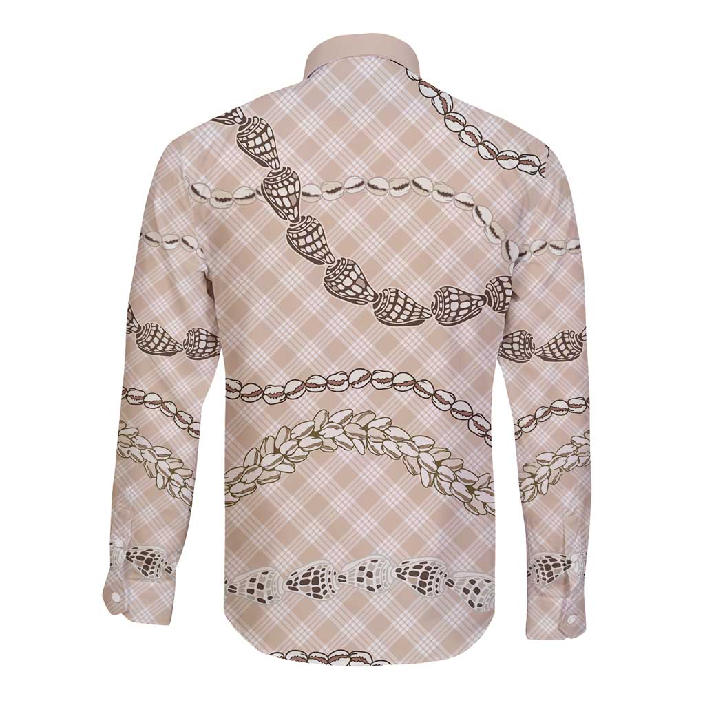 Beige Aloha Hawaii Shell Lei Long Sleeve Button Shirt Palaka Hebrew Cone Honey Cowrie Elegant Curves - Polynesian Pride