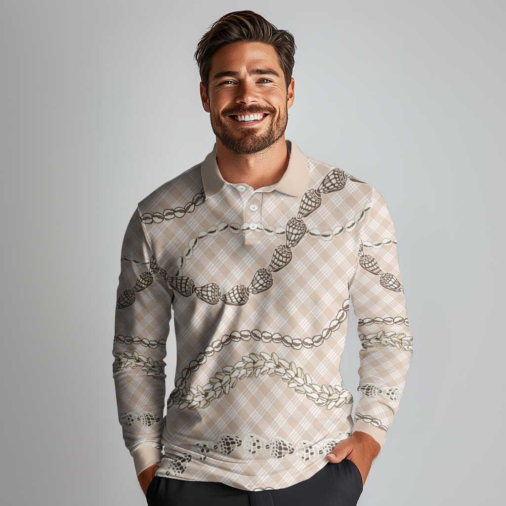 Beige Aloha Hawaii Shell Lei Long Sleeve Polo Shirt Palaka Hebrew Cone Honey Cowrie Elegant Curves - Polynesian Pride