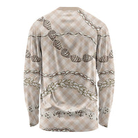 Beige Aloha Hawaii Shell Lei Long Sleeve Shirt Palaka Hebrew Cone Honey Cowrie Elegant Curves - Polynesian Pride