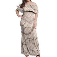 Beige Aloha Hawaii Shell Lei Off Shoulder Maxi Dress Palaka Hebrew Cone Honey Cowrie Elegant Curves - Polynesian Pride