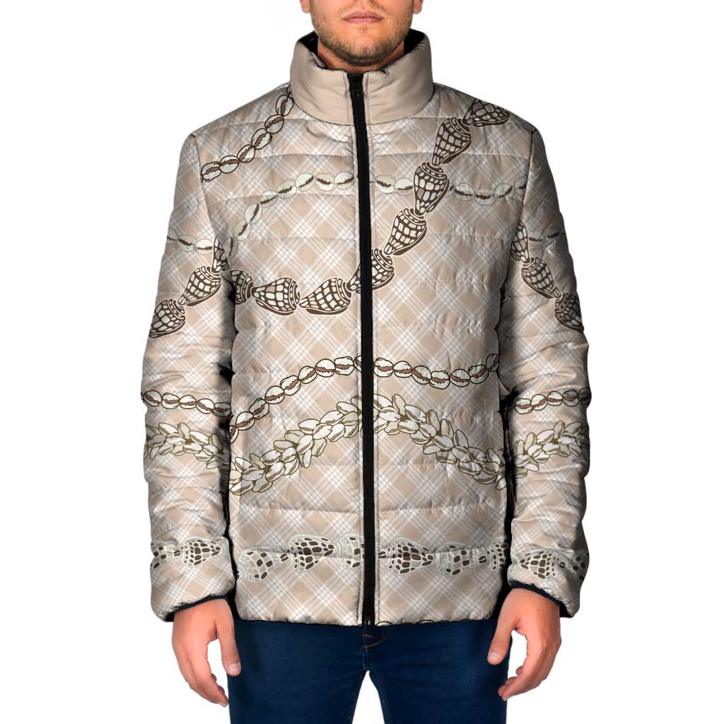 Beige Aloha Hawaii Shell Lei Padded Jacket Palaka Hebrew Cone Honey Cowrie Elegant Curves - Polynesian Pride