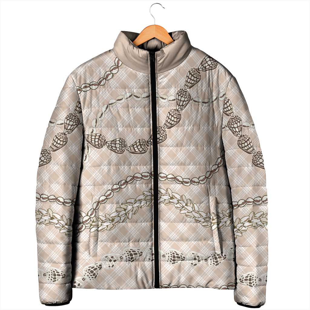Beige Aloha Hawaii Shell Lei Padded Jacket Palaka Hebrew Cone Honey Cowrie Elegant Curves - Polynesian Pride