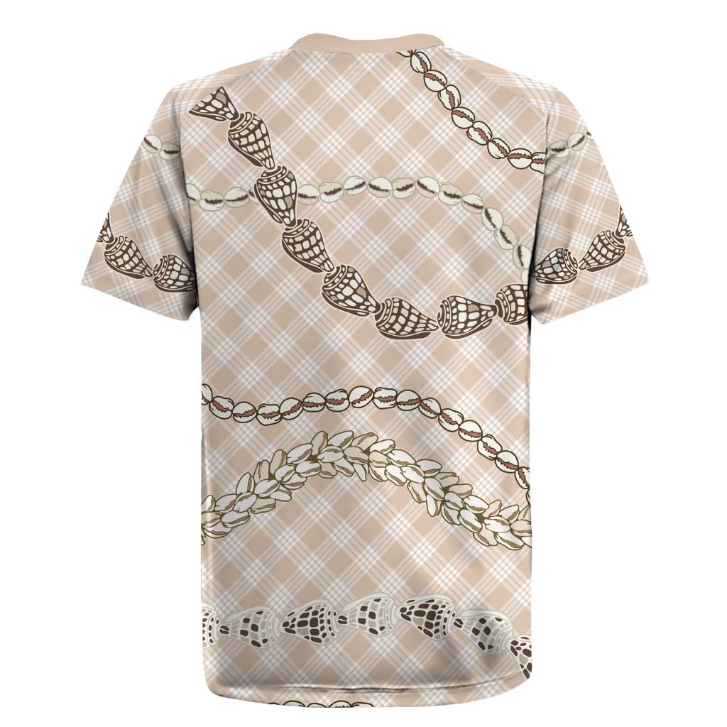 Beige Aloha Hawaii Shell Lei Rugby Jersey Palaka Hebrew Cone Honey Cowrie Elegant Curves - Polynesian Pride