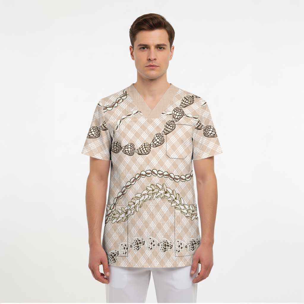 Beige Aloha Hawaii Shell Lei Scrub Top Palaka Hebrew Cone Honey Cowrie Elegant Curves - Polynesian Pride