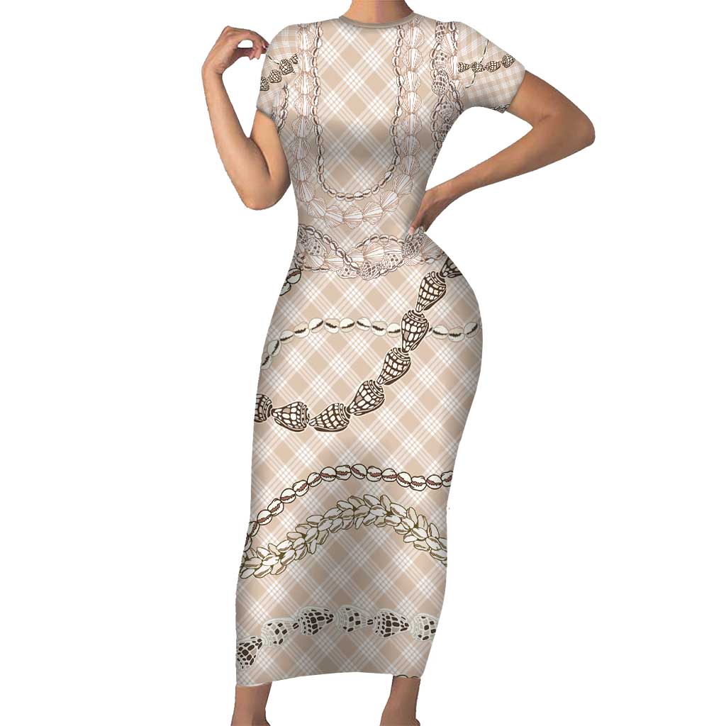 Beige Aloha Hawaii Shell Lei Short Sleeve Bodycon Dress Palaka Hebrew Cone Honey Cowrie Elegant Curves - Polynesian Pride