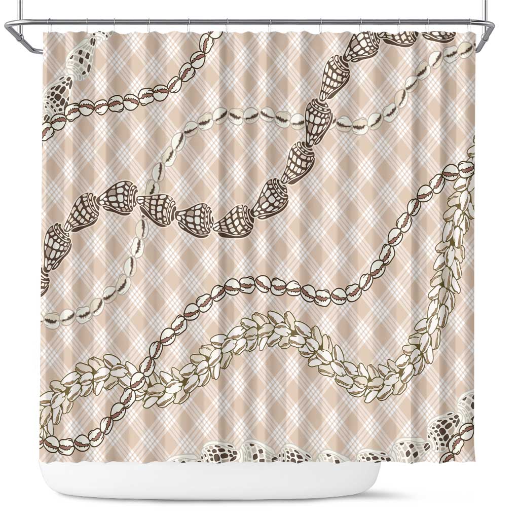 Beige Aloha Hawaii Shell Lei Shower Curtain Palaka Hebrew Cone Honey Cowrie Elegant Curves - Polynesian Pride