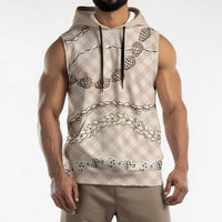 Beige Aloha Hawaii Shell Lei Sleeveless Hoodie Palaka Hebrew Cone Honey Cowrie Elegant Curves - Polynesian Pride