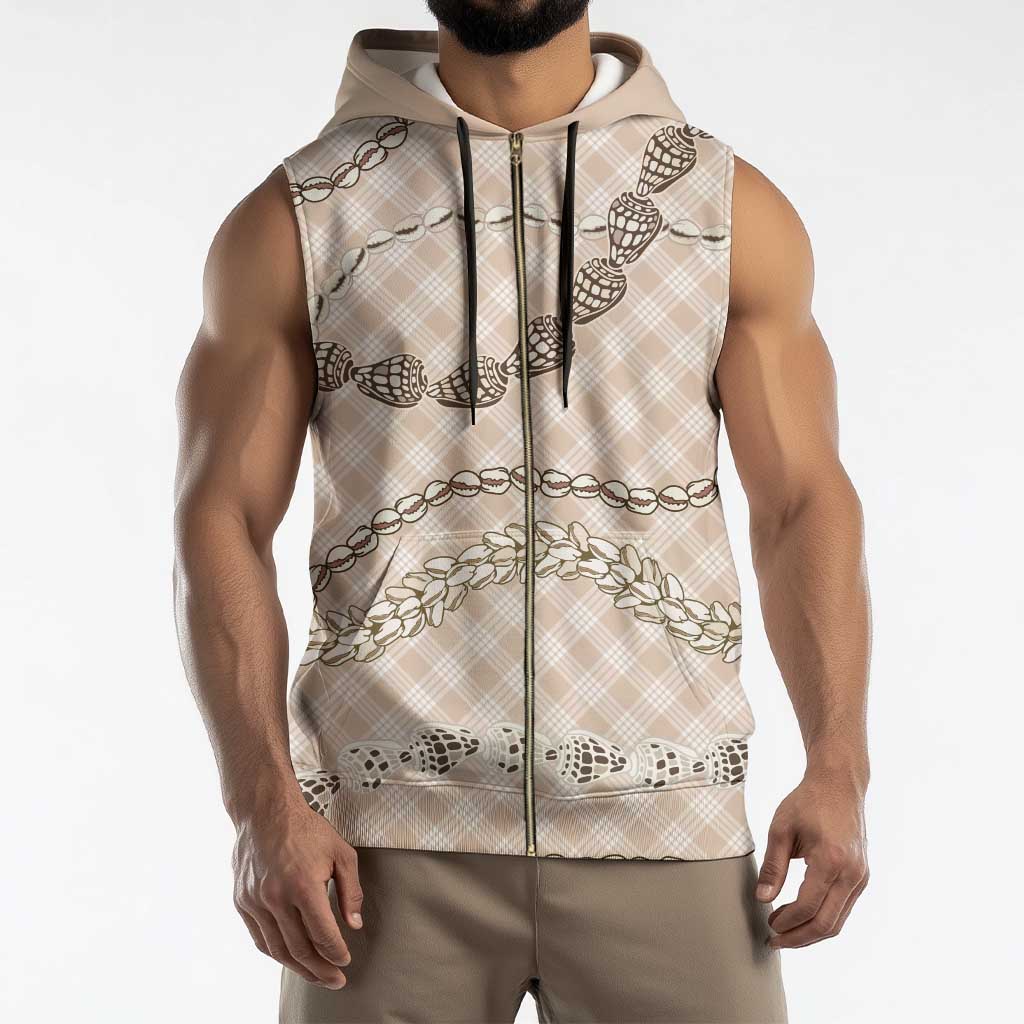 Beige Aloha Hawaii Shell Lei Sleeveless Zip Hoodie Palaka Hebrew Cone Honey Cowrie Elegant Curves - Polynesian Pride