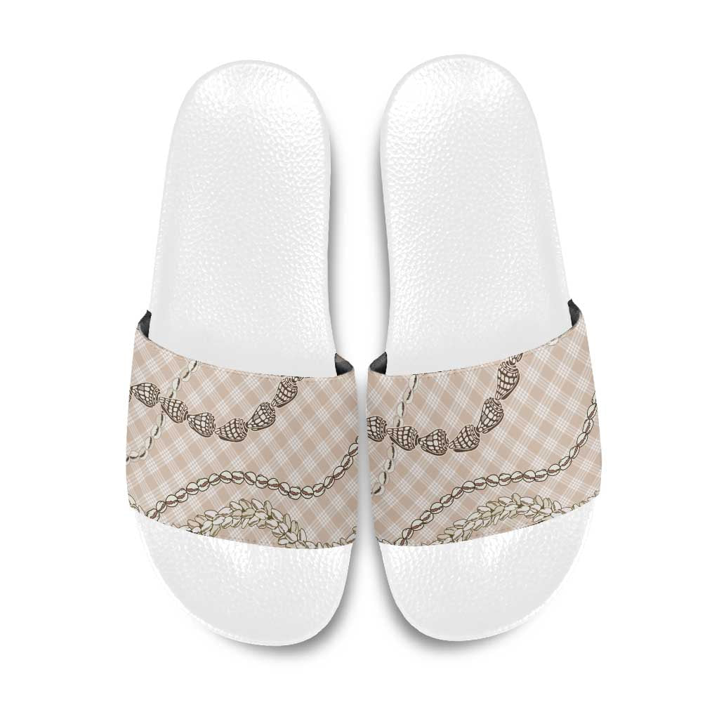 Beige Aloha Hawaii Shell Lei Slide Sandals Palaka Hebrew Cone Honey Cowrie Elegant Curves - Polynesian Pride