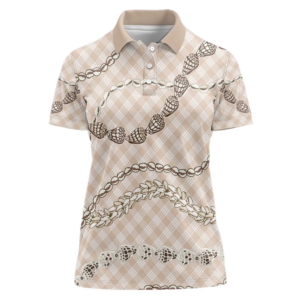 Beige Aloha Hawaii Shell Lei Women Polo Shirt Palaka Hebrew Cone Honey Cowrie Elegant Curves - Polynesian Pride