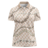 Beige Aloha Hawaii Shell Lei Women Polo Shirt Palaka Hebrew Cone Honey Cowrie Elegant Curves - Polynesian Pride