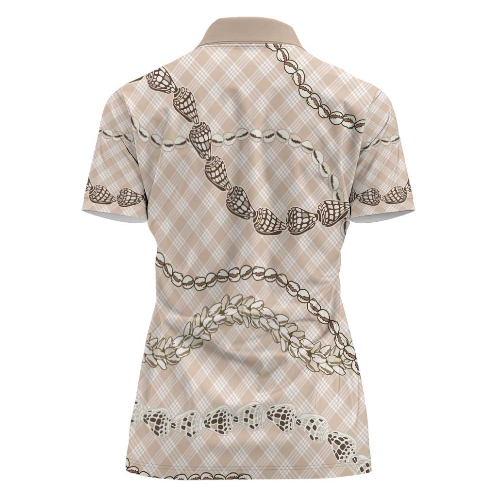 Beige Aloha Hawaii Shell Lei Women Polo Shirt Palaka Hebrew Cone Honey Cowrie Elegant Curves - Polynesian Pride