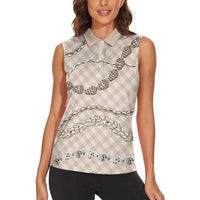 Beige Aloha Hawaii Shell Lei Women Sleeveless Polo Shirt Palaka Hebrew Cone Honey Cowrie Elegant Curves - Polynesian Pride