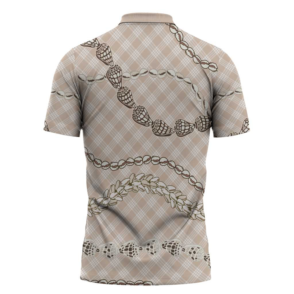 Beige Aloha Hawaii Shell Lei Zipper Polo Shirt Palaka Hebrew Cone Honey Cowrie Elegant Curves - Polynesian Pride